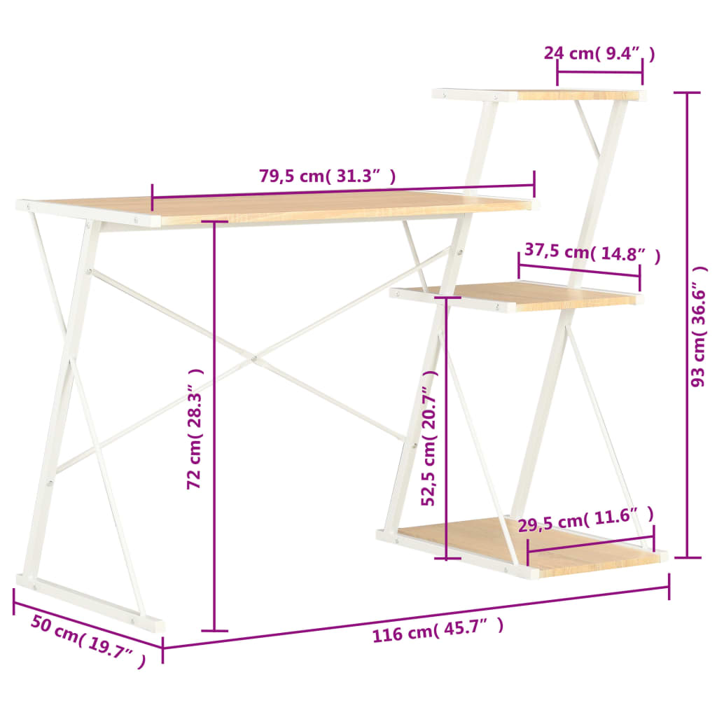 vidaXL kirjutuslaud riiuliga, valge ja tammevärvi, 116 x 50 x 93 cm