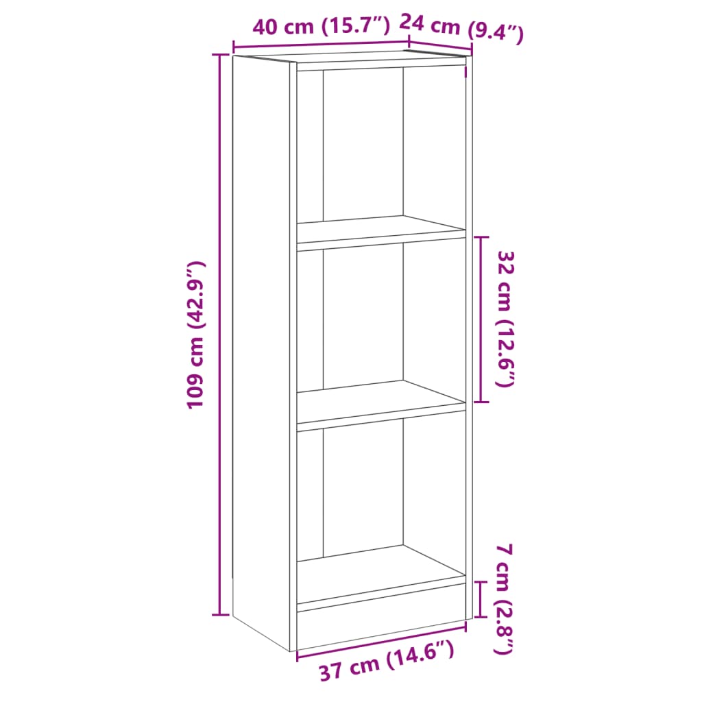 vidaXL 3-korruseline raamaturiiul must 40x24x109 cm tehispuit