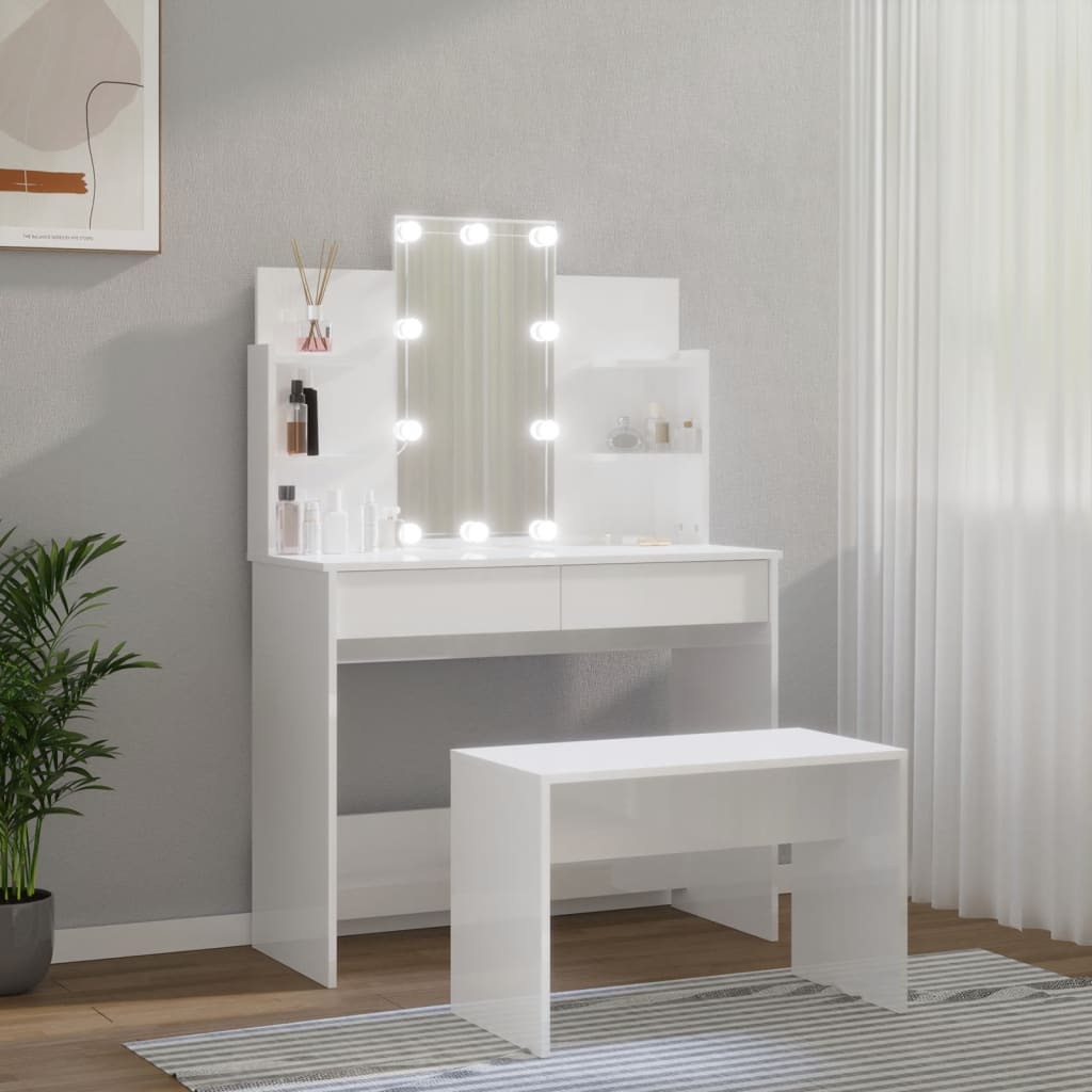 vidaXL tualettlaua komplekt LEDiga, kõrgläikega valge, tehispuit