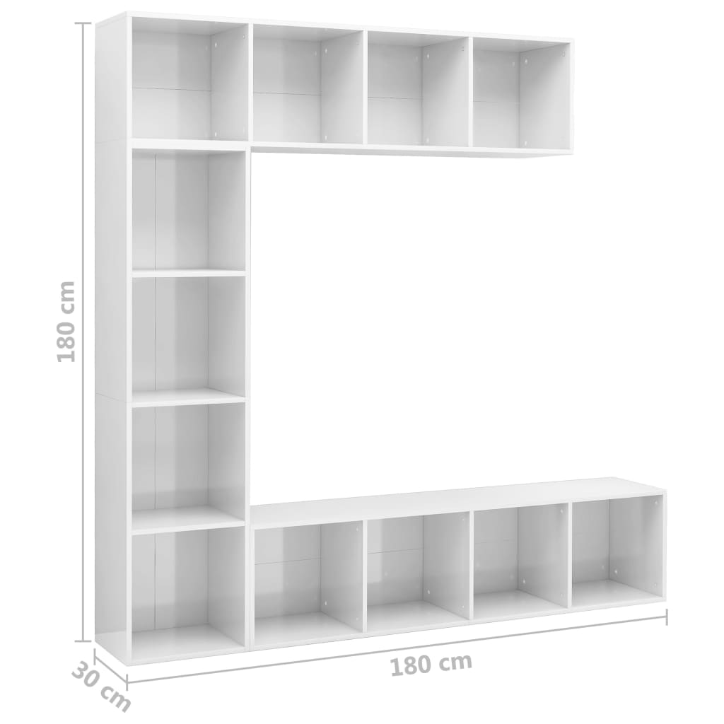 vidaXL 3-osaline raamatu-/telerikapp kõrgläikega valge 180x30x180 cm