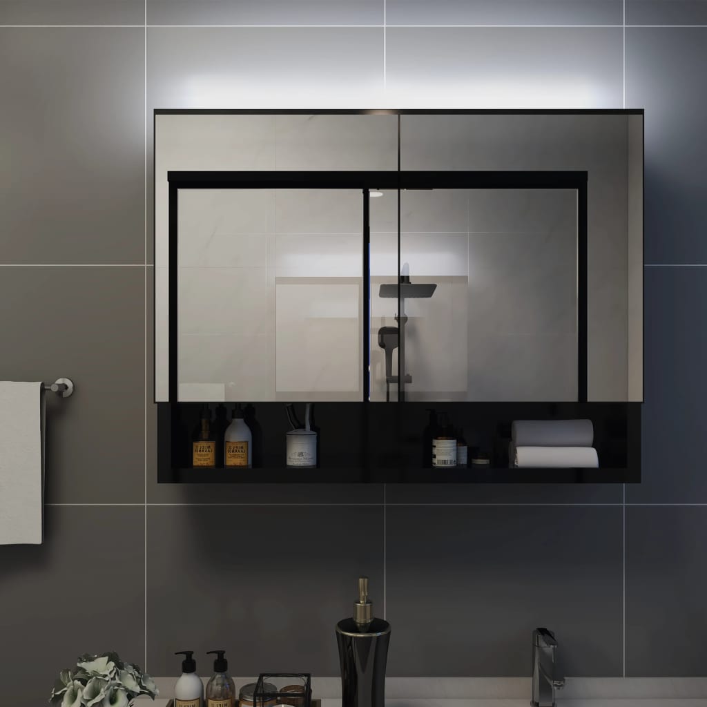 vidaXL LEDidega vannitoa peegelkapp, must, 80 x 15 x 60 cm, MDF