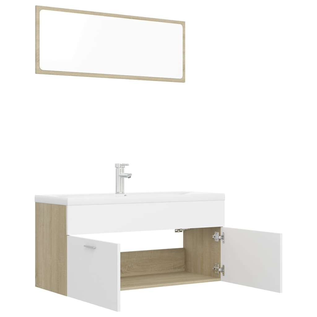 vidaXL vannitoamööbli komplekt, valge ja Sonoma tamm, puitlaastplaat