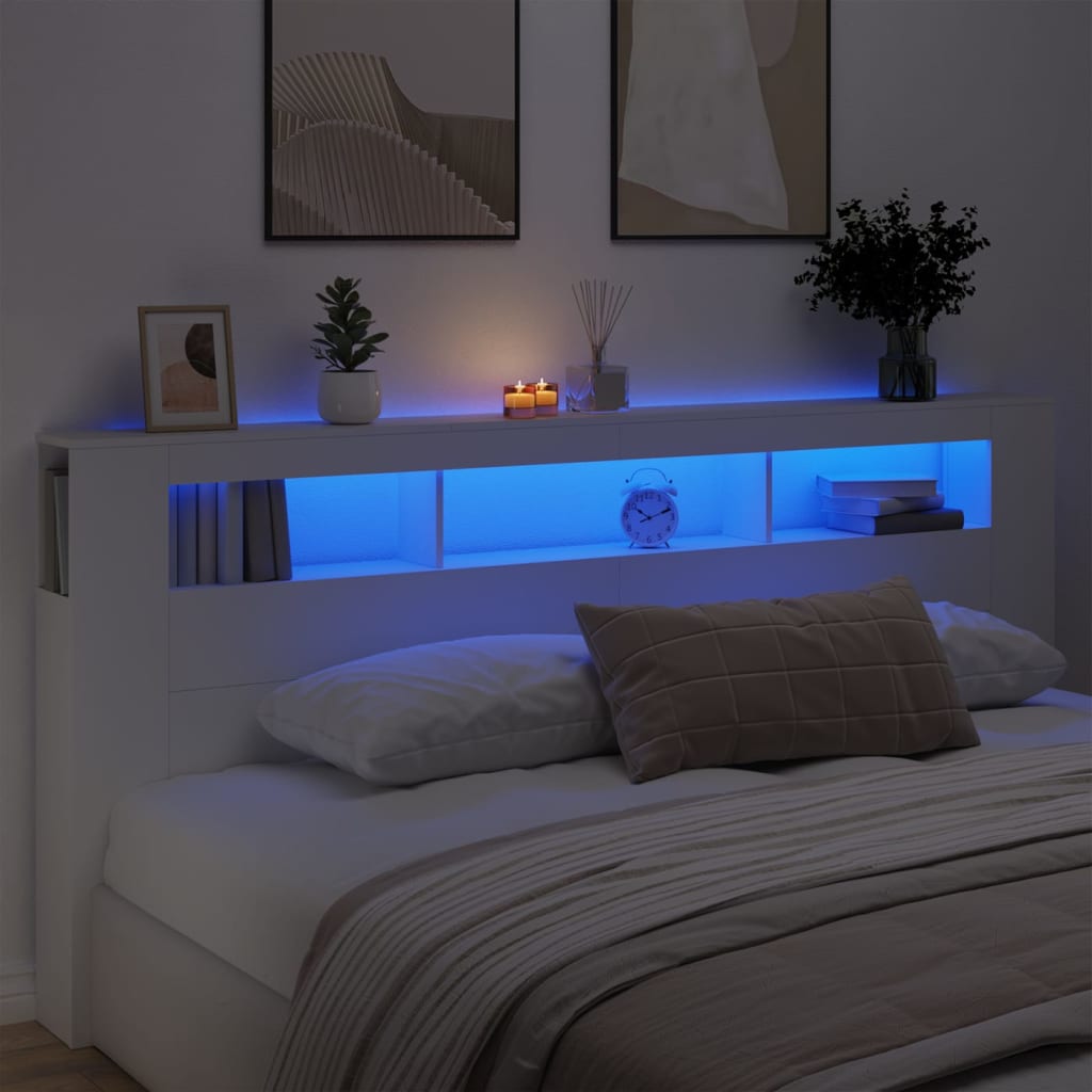 vidaXL voodipeats LEDiga, valge, 220x18,5x103,5 cm, tehispuit