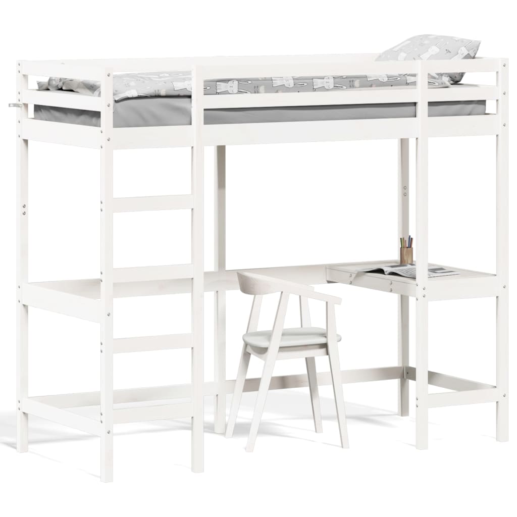 vidaXL kõrge voodi kirjutuslauaga, valge, 75 x 190 cm, männipuit