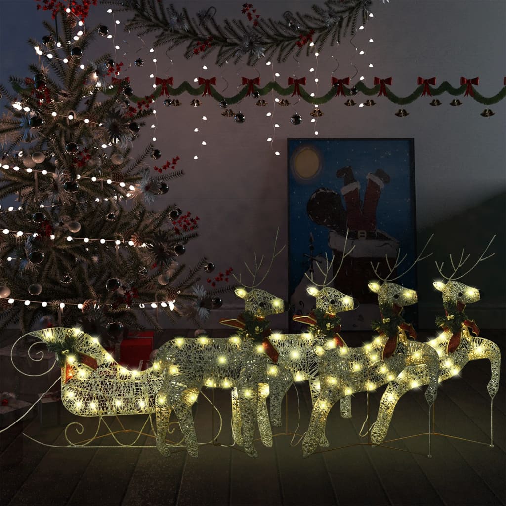 vidaXL põhjapõder saaniga, jõulukaunistus, 100 LEDi, õue, kuldne
