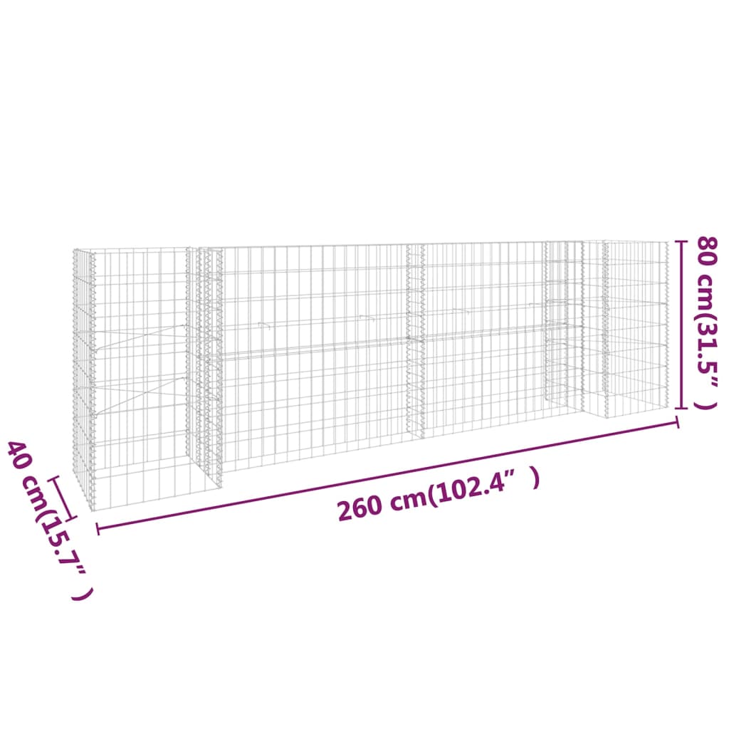 vidaXL H-kujuline gabioon-taimekast, terastraat, 260 x 40 x 80 cm