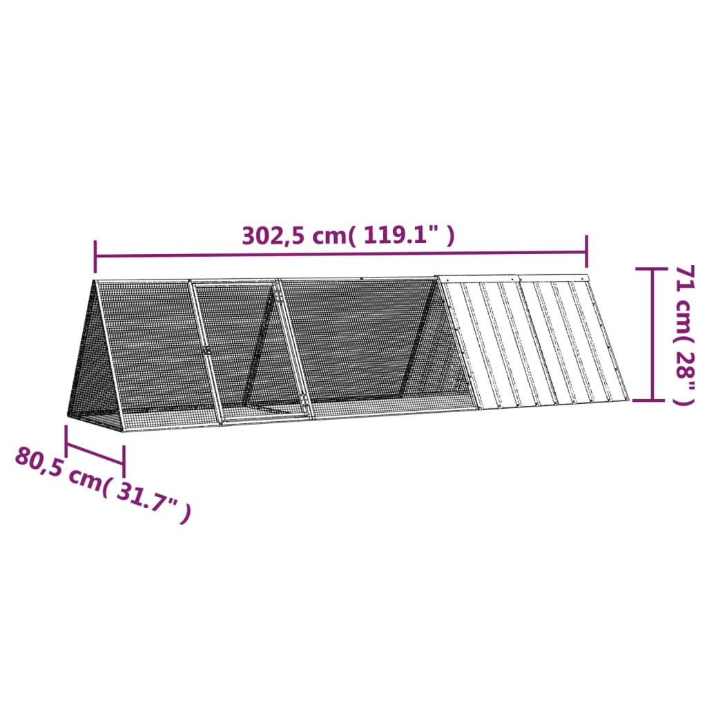 vidaXL küülikupuur, hall, 302,5 x 80,5 x 71 cm, tsingitud teras