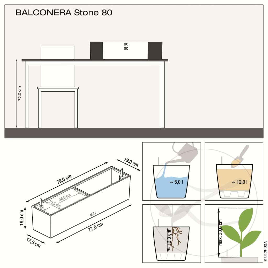 LECHUZA taimekast „BALCONERA Stone 80 ALL-IN-ONE” hall