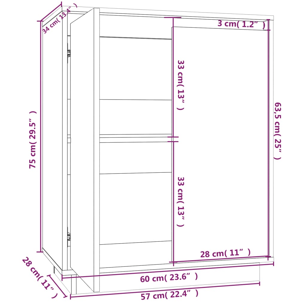 vidaXL puhvetkapp, hall, 60x34x75 cm, toekas männipuit