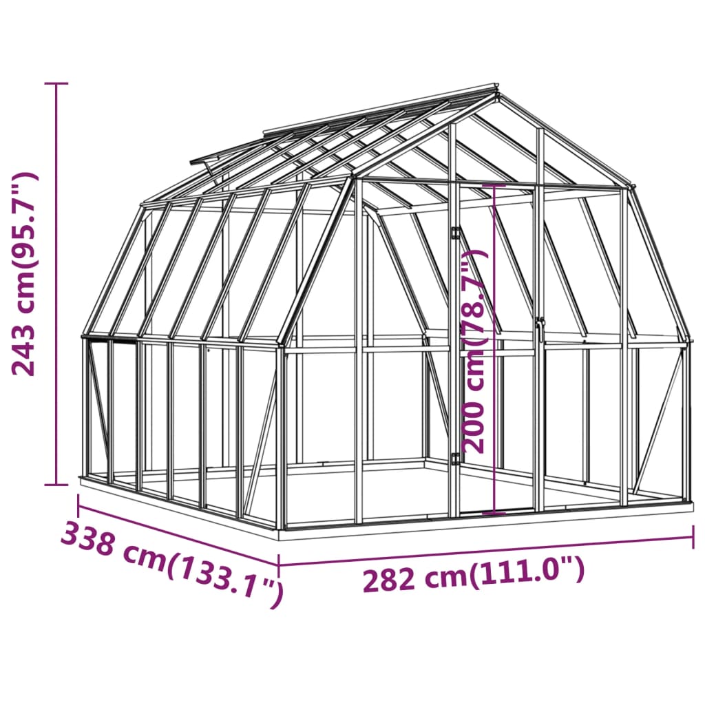 vidaXL kasvuhoone alusraamiga, antratsiithall, 9,53 m², alumiinium