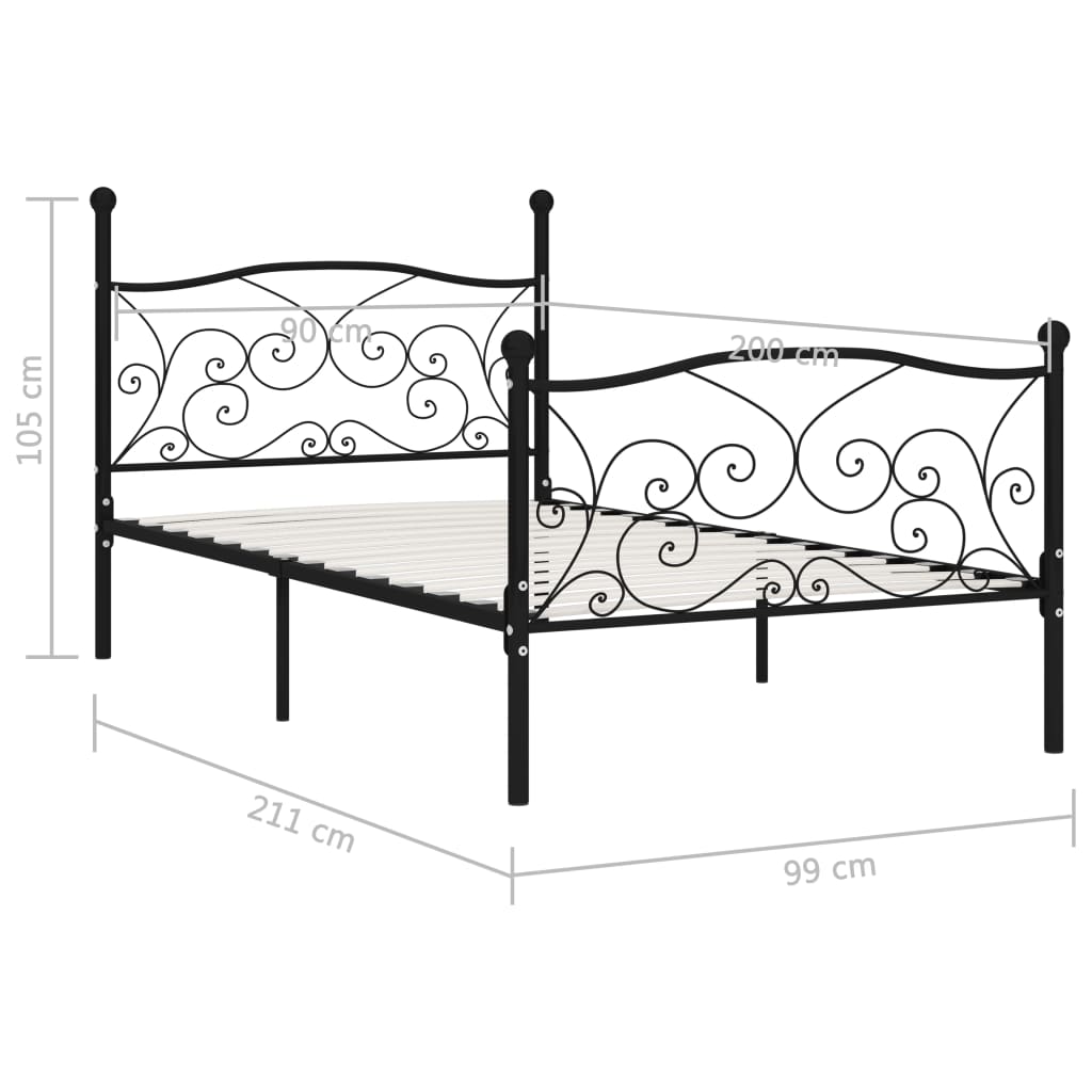 vidaXL liistudest põhjaga voodiraam, must, metall, 90 x 200 cm
