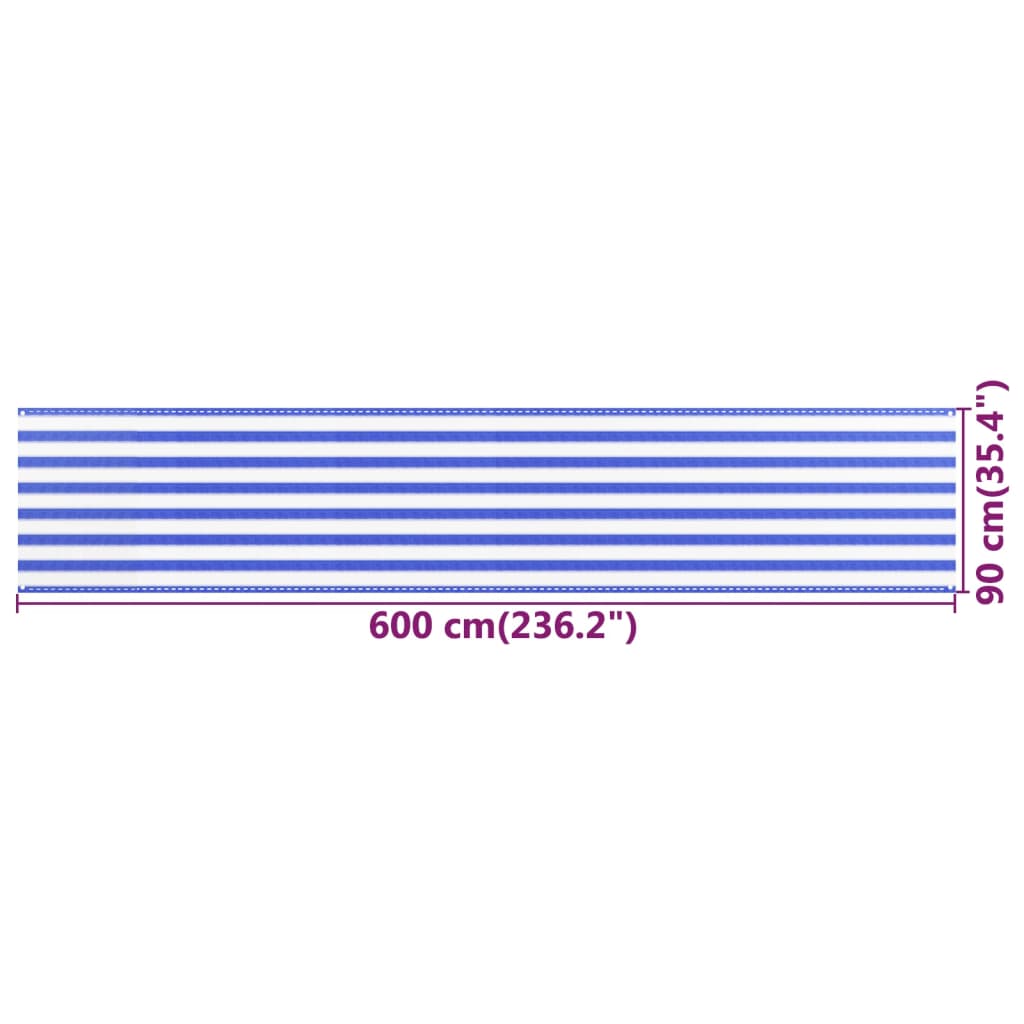 vidaXL rõdusirm, sinine ja valge, 90 x 600 cm, HDPE