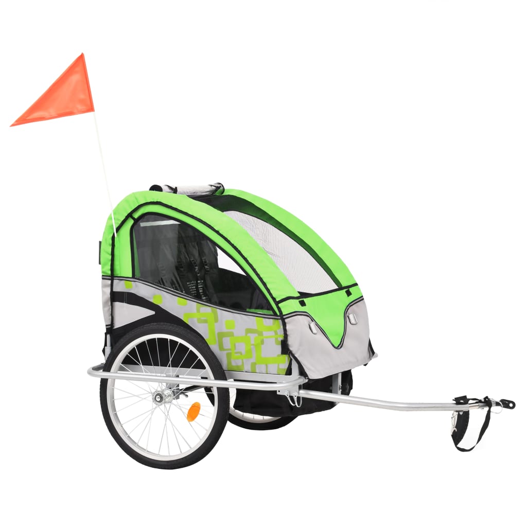vidaXL kaks ühes laste ratta järelkäru ja jalutuskäru, roheline ja hall