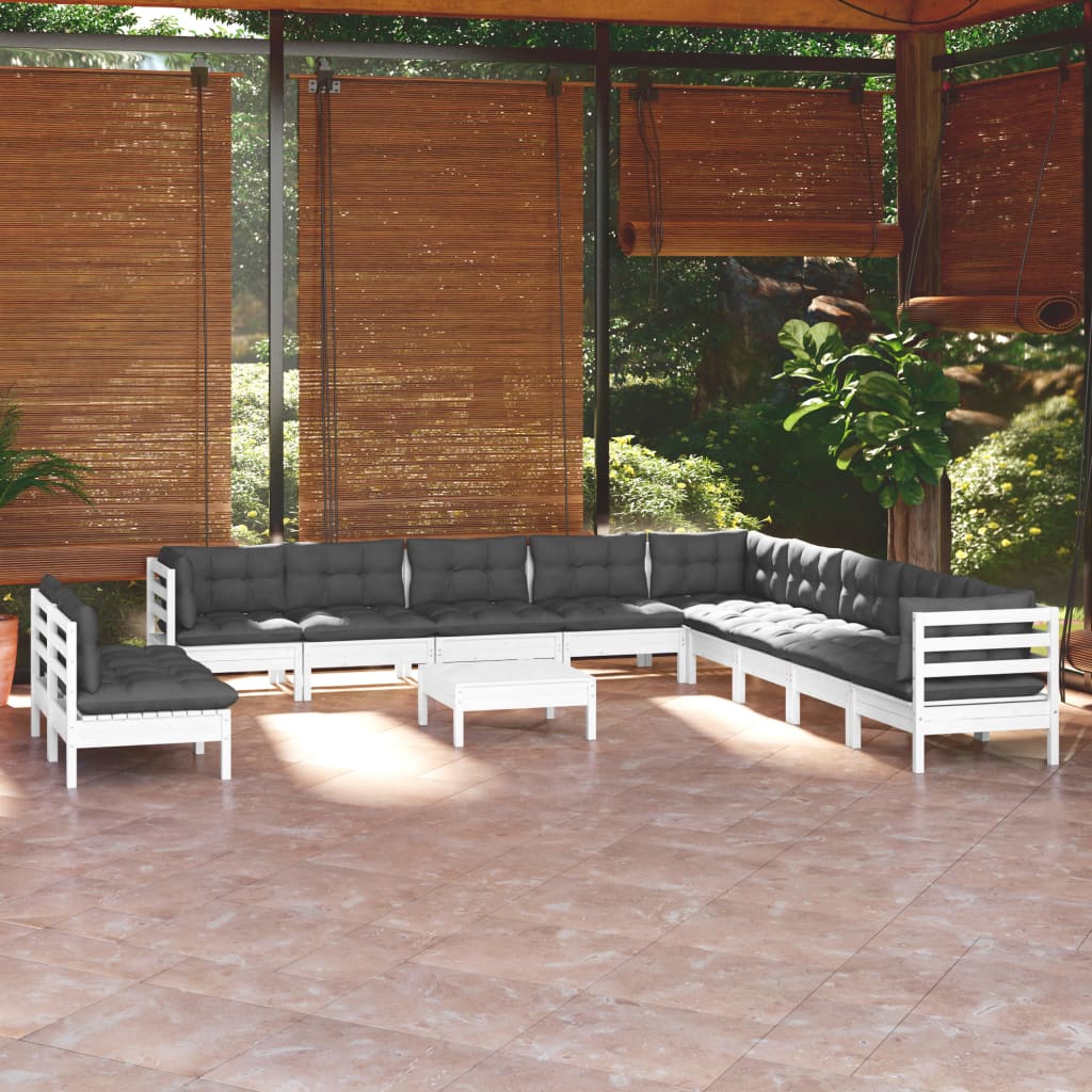 vidaXL 12-osaline aiamööbli komplekt istmepatjadega, valge, männipuit