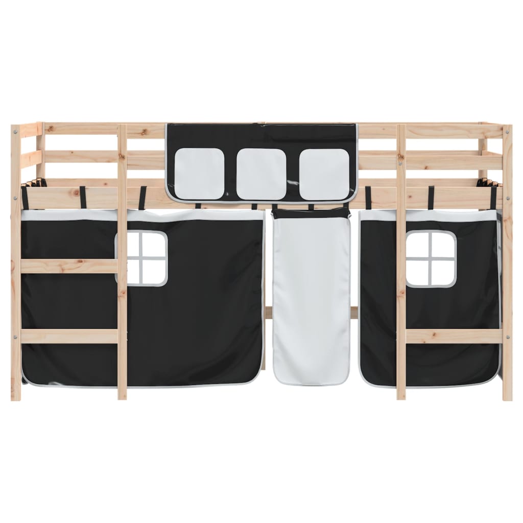 vidaXL laste kõrge voodi kardinaga, valge/must, 80x200 cm, männipuit