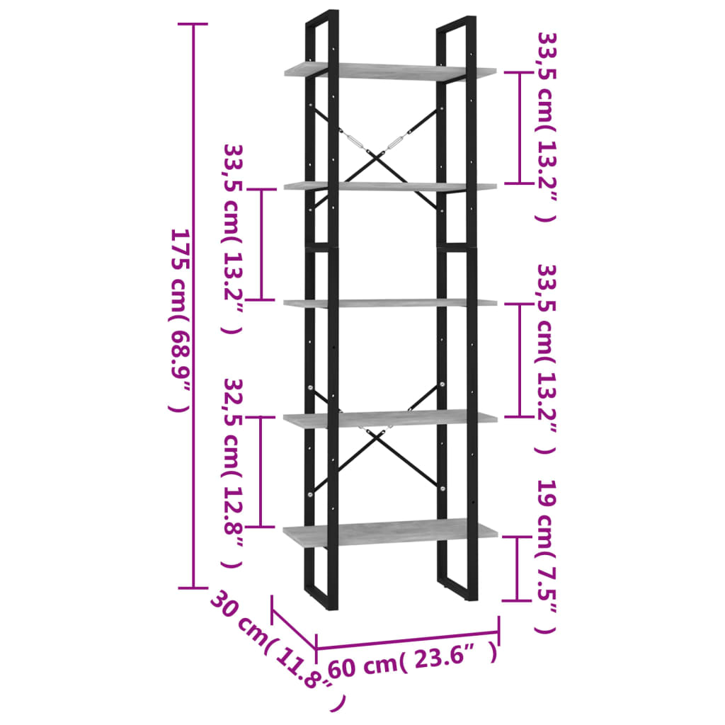 vidaXL 5-korruseline raamaturiiul, betoonhall, 60x30x175 cm, tehispuit