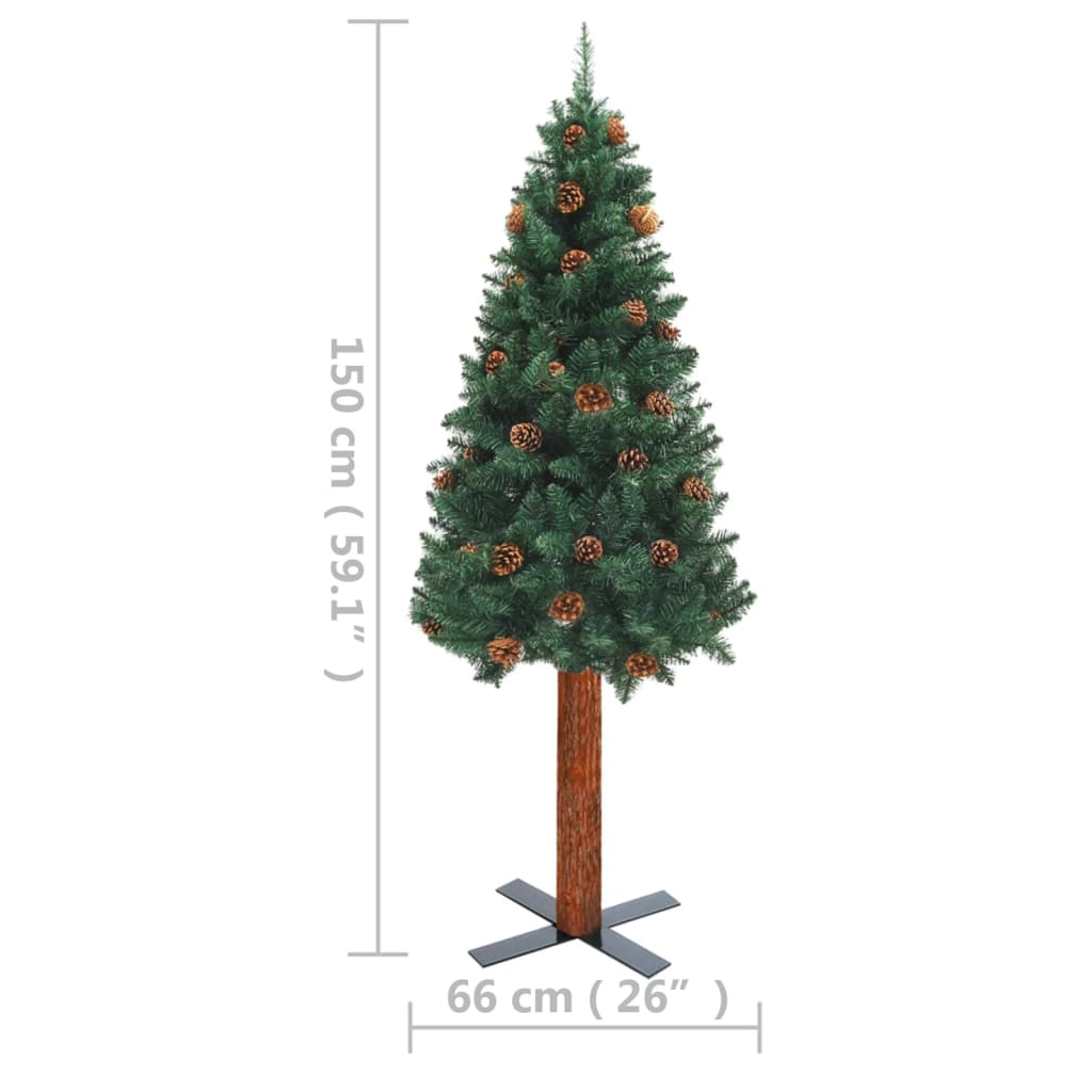 vidaXL kitsas jõulukuusk LEDide, puidu ja käbidega, roheline, 150 cm