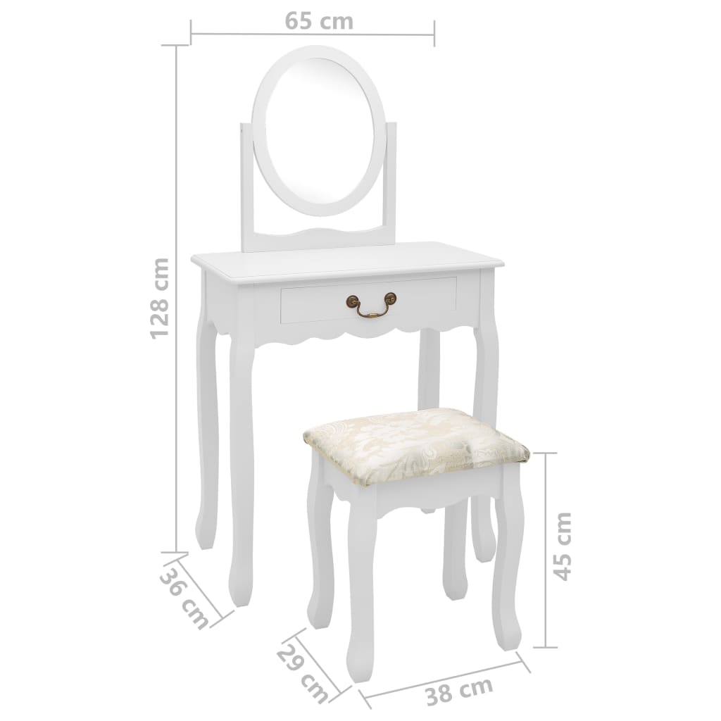 vidaXL tualettlaud taburetiga, valge 65x36x128 cm, Paulownia puit, MDF