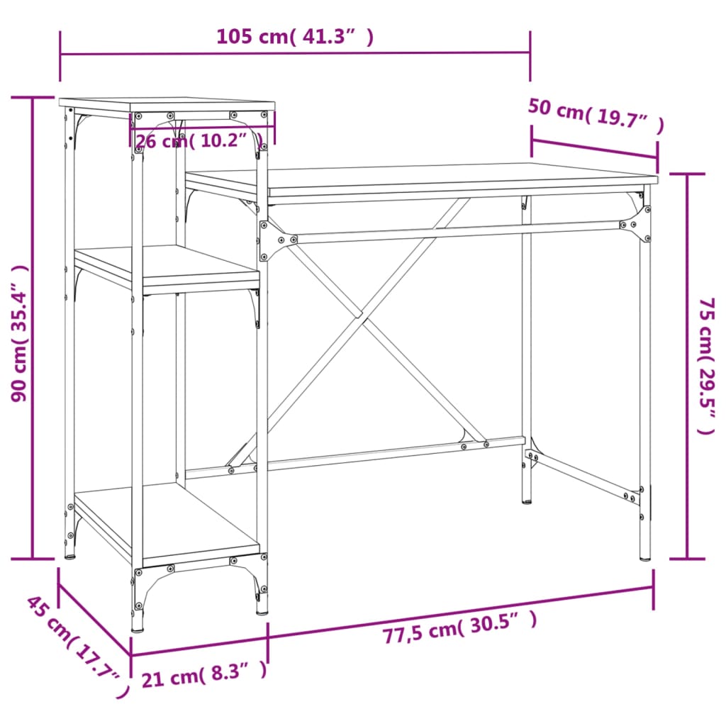 vidaXL riiulitega kirjutuslaud, must, 105 x 50 x 90 cm, tehispuit/raud