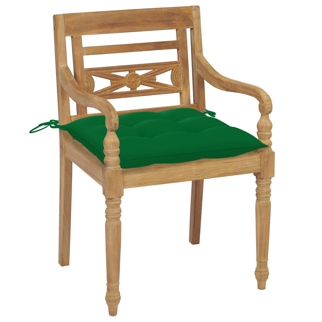 vidaXL Batavia toolid, 2 tk, roheliste istmepatjadega, tiikpuu