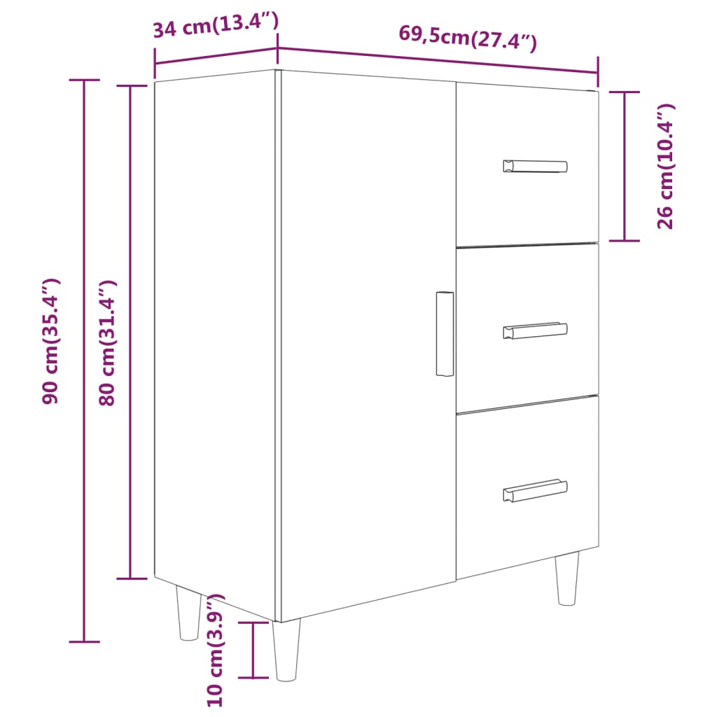 vidaXL puhvetkapp, kõrgläikega valge, 69,5 x 34 x 90 cm, tehispuit