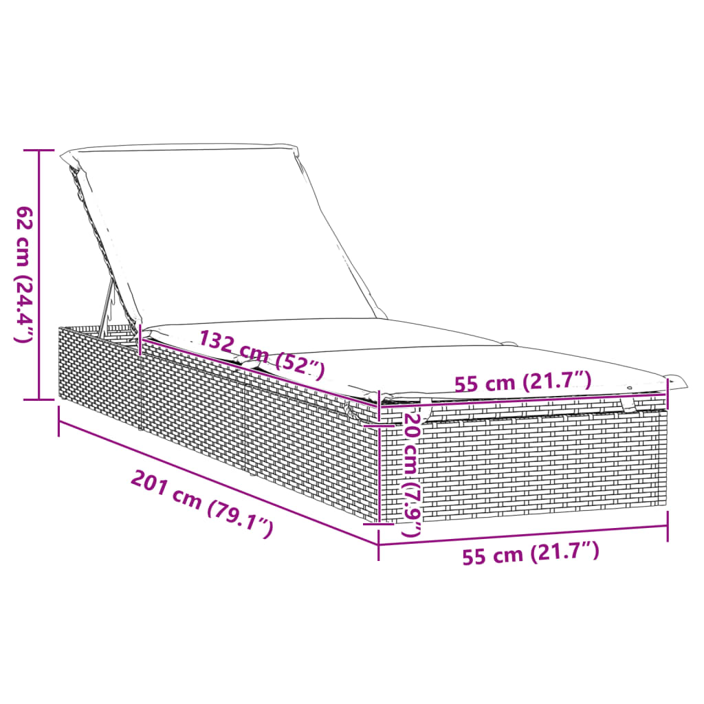 vidaXL 1 tk päevitusvoodi istmepadjaga, hall, 201x55x62 cm, polürotang