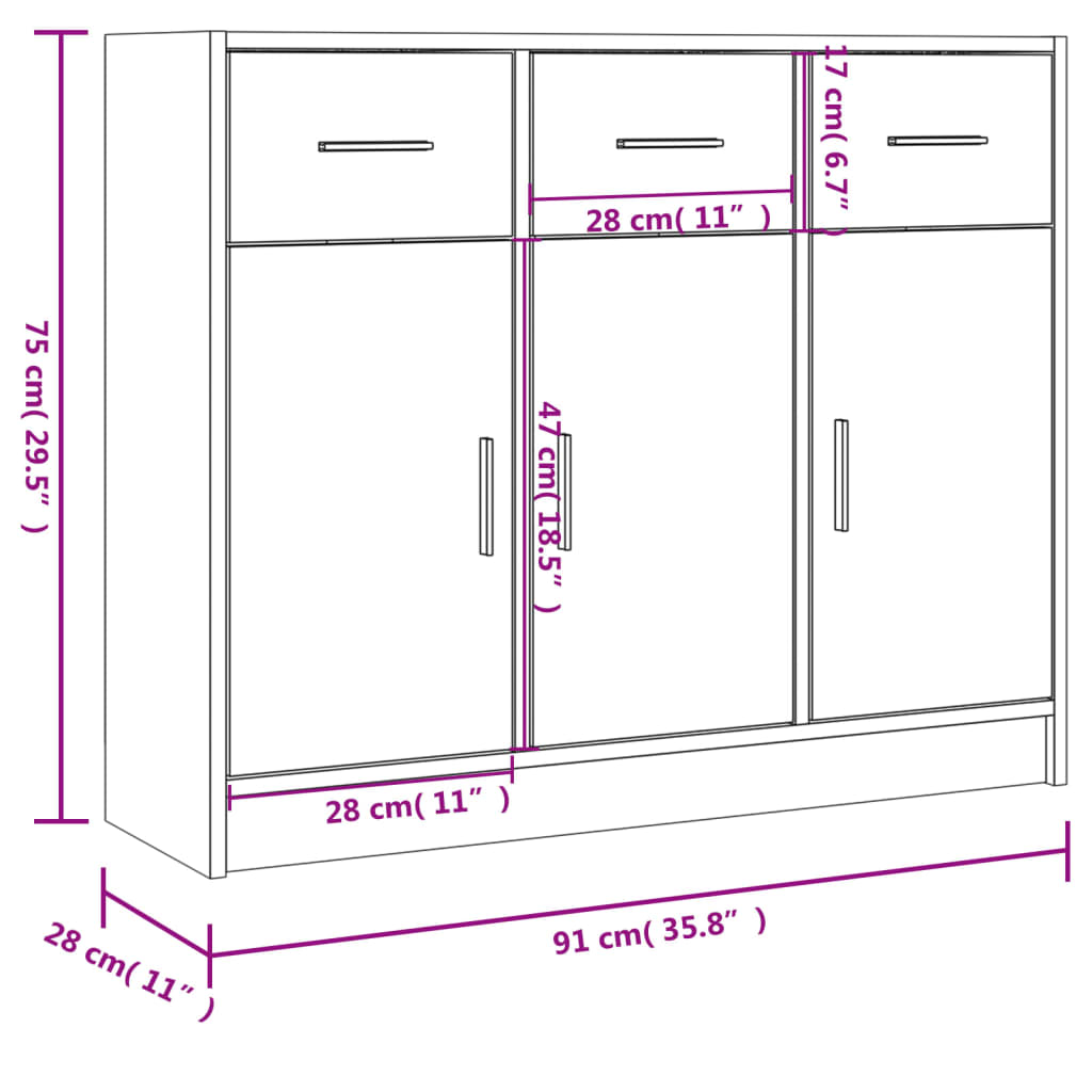 vidaXL puhvetkapp, kõrgläikega valge, 91 x 28 x 75 cm, tehispuit