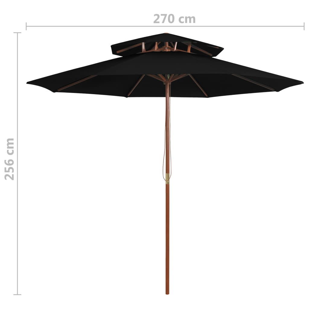 vidaXL kahekordne päikesevari puust postiga, must, 270 cm