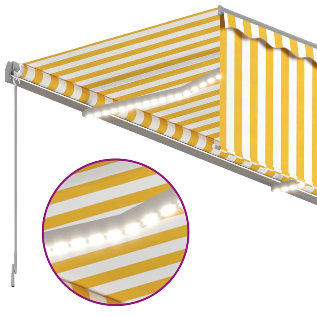 vidaXL käsitsi sissetõmmatav varikatus ruloo ja LEDiga, kollane/valge
