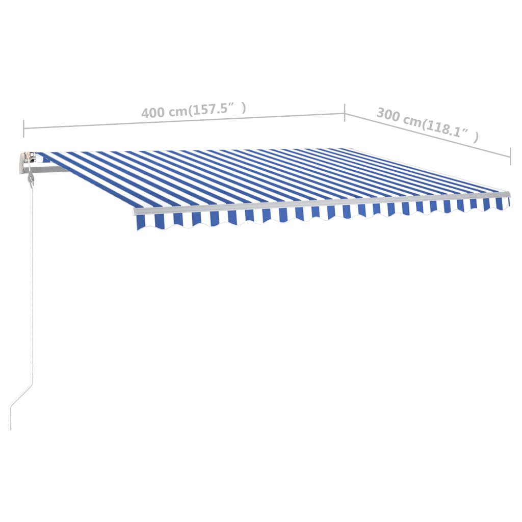 vidaXL käsitsi sissetõmmatav varikatus postidega, 4x3 m, sinine/valge