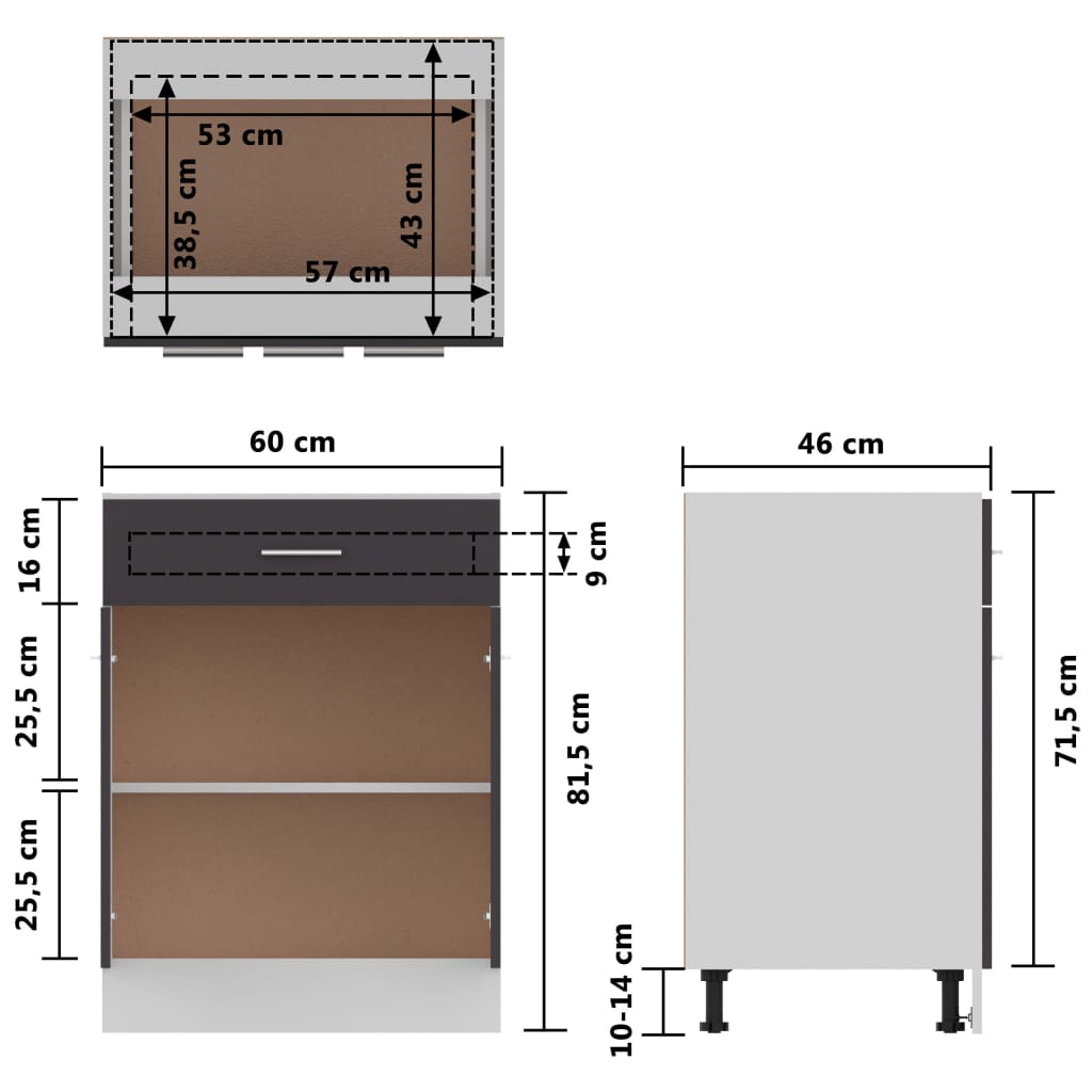 vidaXL köögikapp, kõrgläikega hall, 60 x 46 x 81,5 cm, puitlaastplaat
