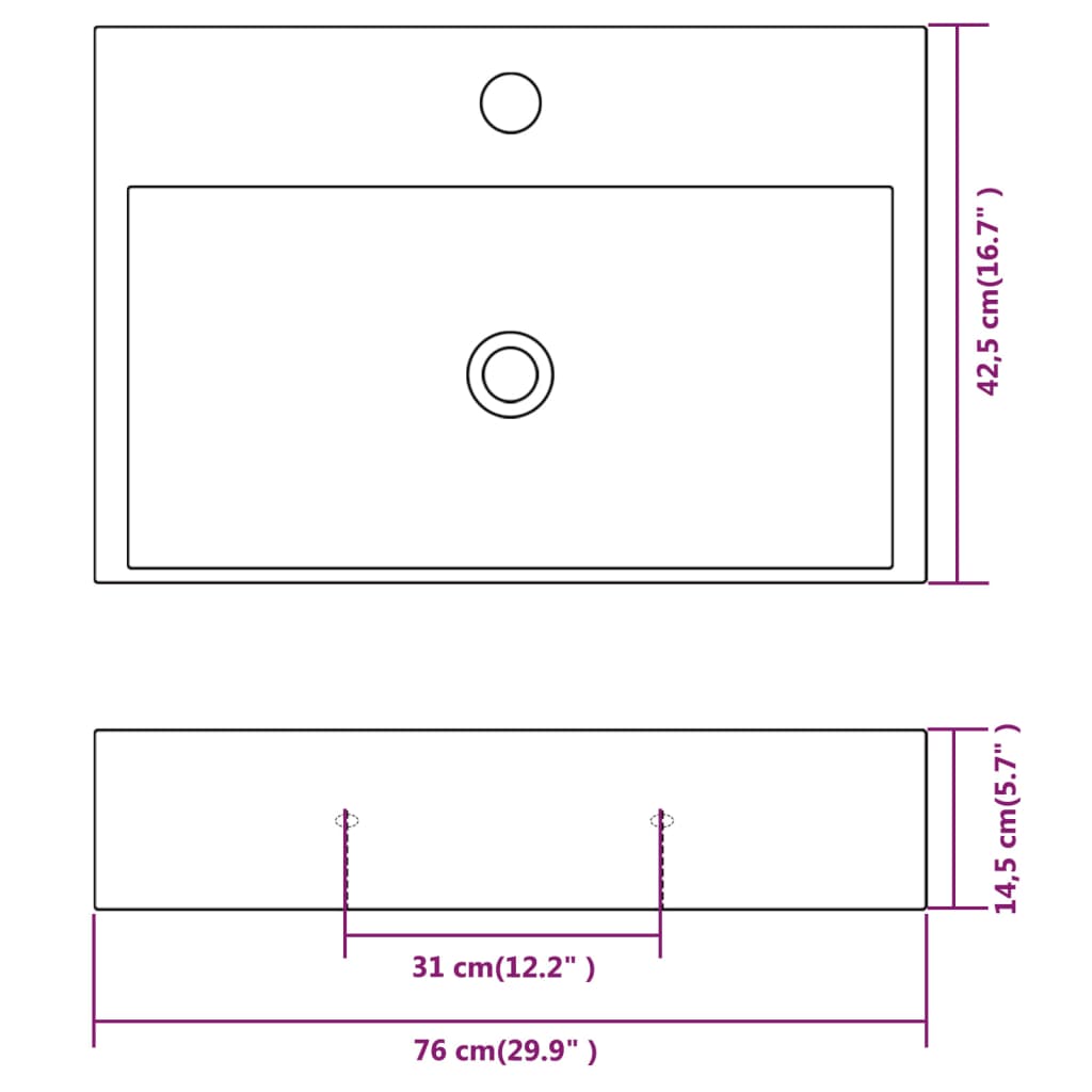 vidaXLi keraamiline valamu kraaniavaga 76 x 42,5 x 14,5 cm valge