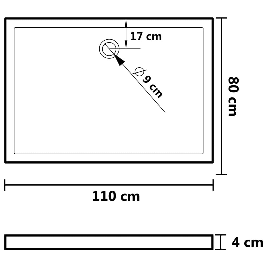 vidaXL ristkülikukujuline ABSist dušialus valge 80x110 cm