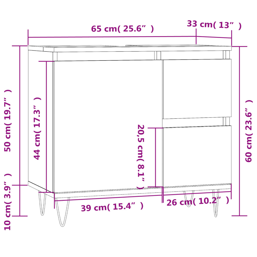 vidaXL vannitoakapp, kõrgläikega valge, 65 x 33 x 60 cm, tehispuit