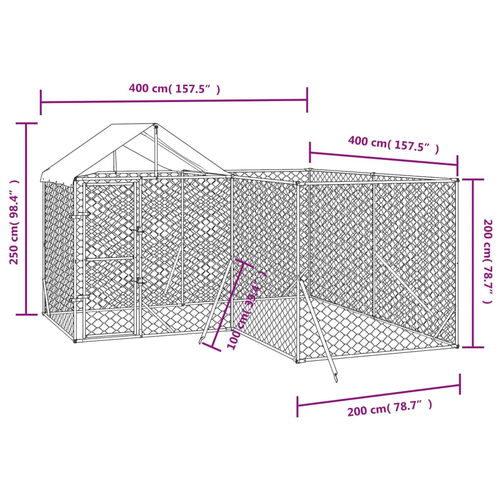 vidaXL katusega koeraaedik, hõbedane, 4x4x2,5 m, tsingitud teras