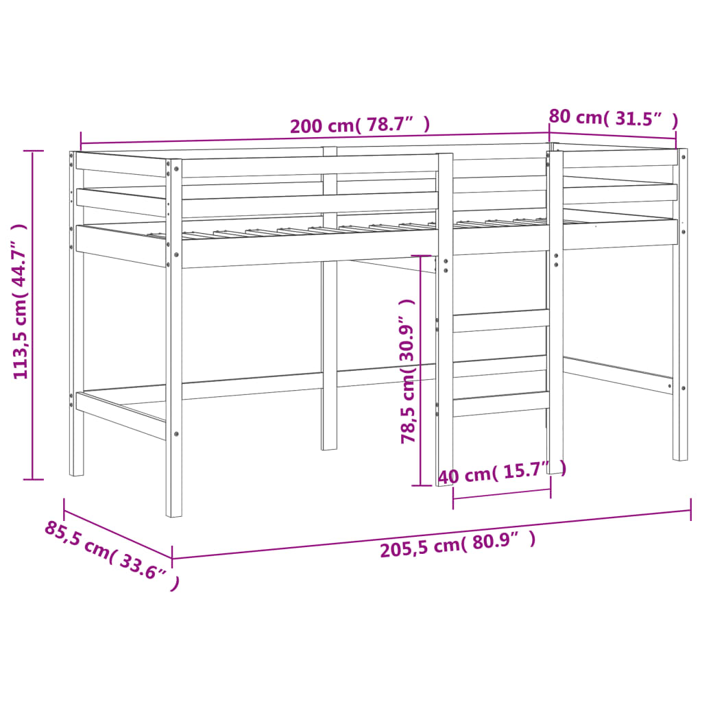 vidaXL laste kõrge voodi redeliga, must, 80 x 200 cm, männipuit