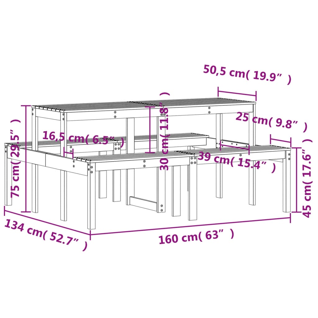 vidaXL piknikulaud, 160 x 134 x 75 cm, männipuit