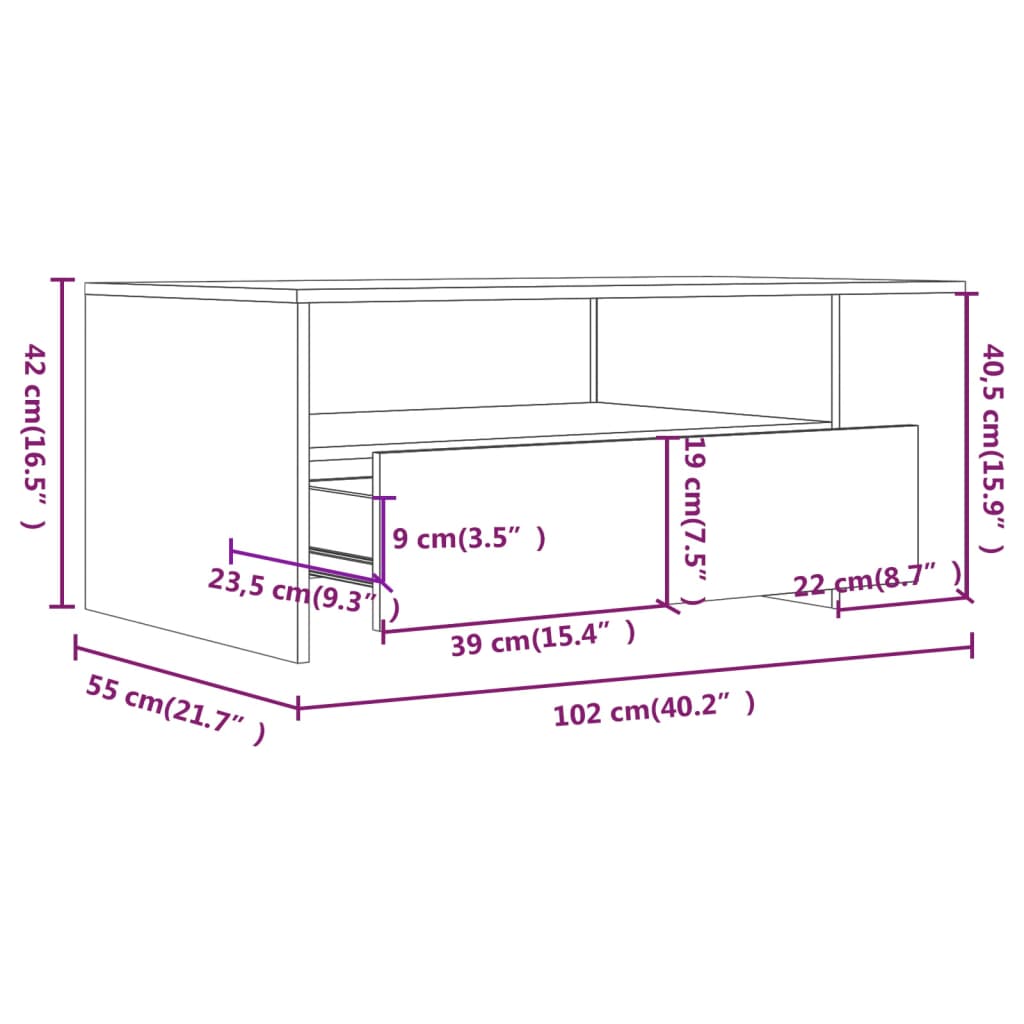 vidaXL kohvilaud, kõrgläikega valge, 102x55x42 cm, tehispuit