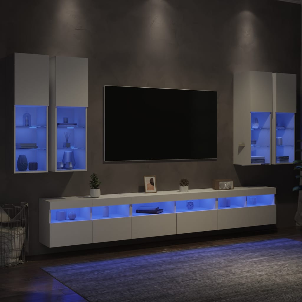 vidaXL 7-osaline teleri seinakappide komplekt LED-tuledega, valge