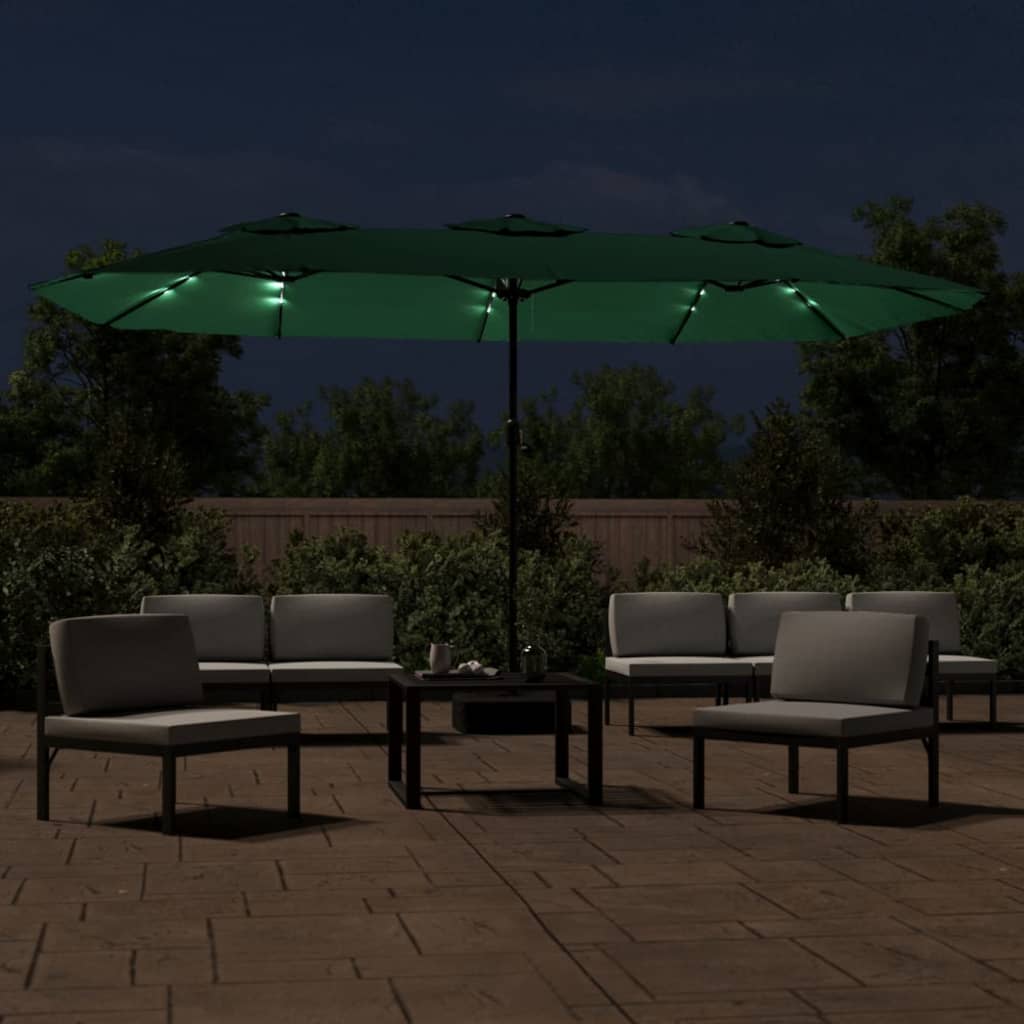 vidaXL kahe varjuga päikesevari LEDiga, roheline, 449 x 245 cm