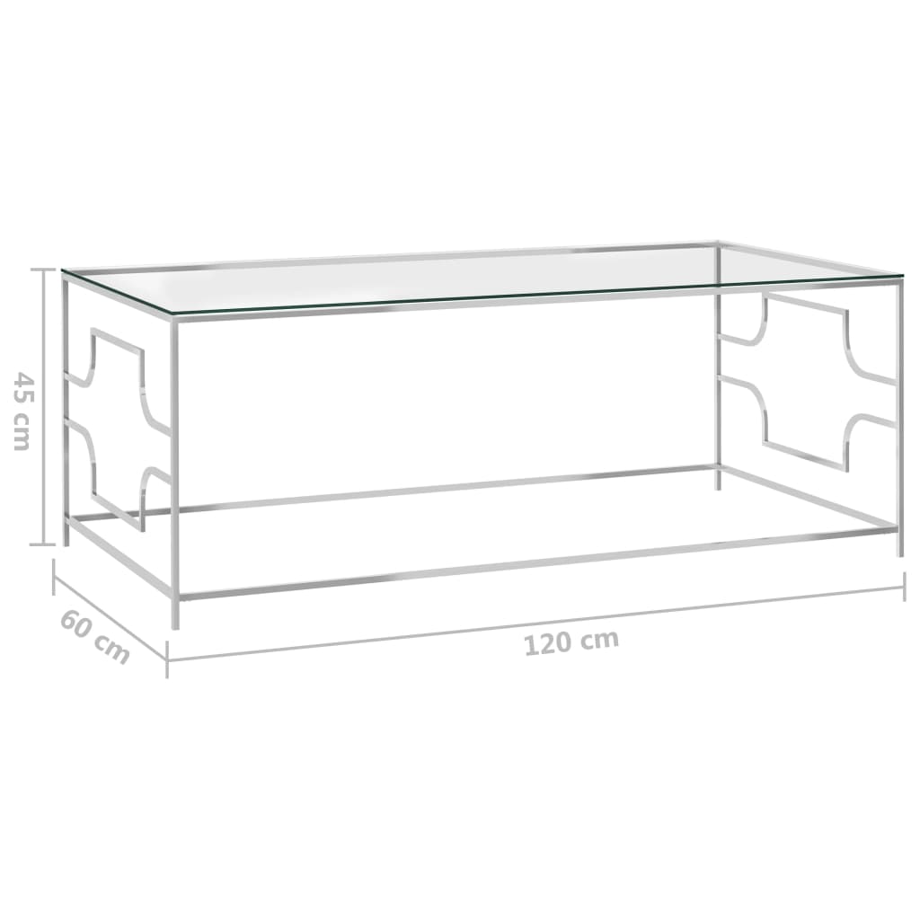 vidaXL kohvilaud hõbedane, 120 x 60 x 45 cm, roostevaba teras ja klaas