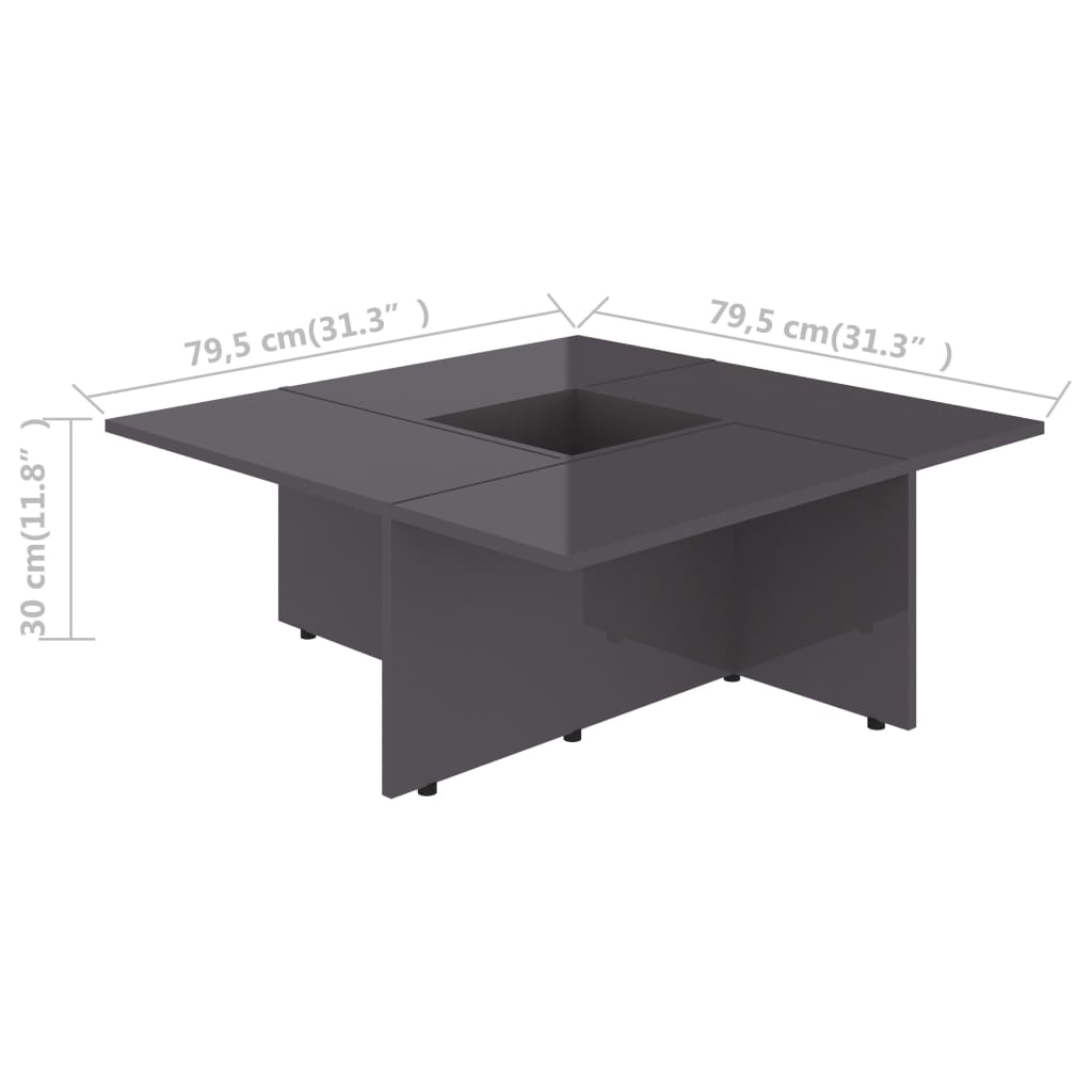 vidaXL kohvilaud, kõrgläikega, hall, 79,5x79,5x30 cm puitlaastplaat