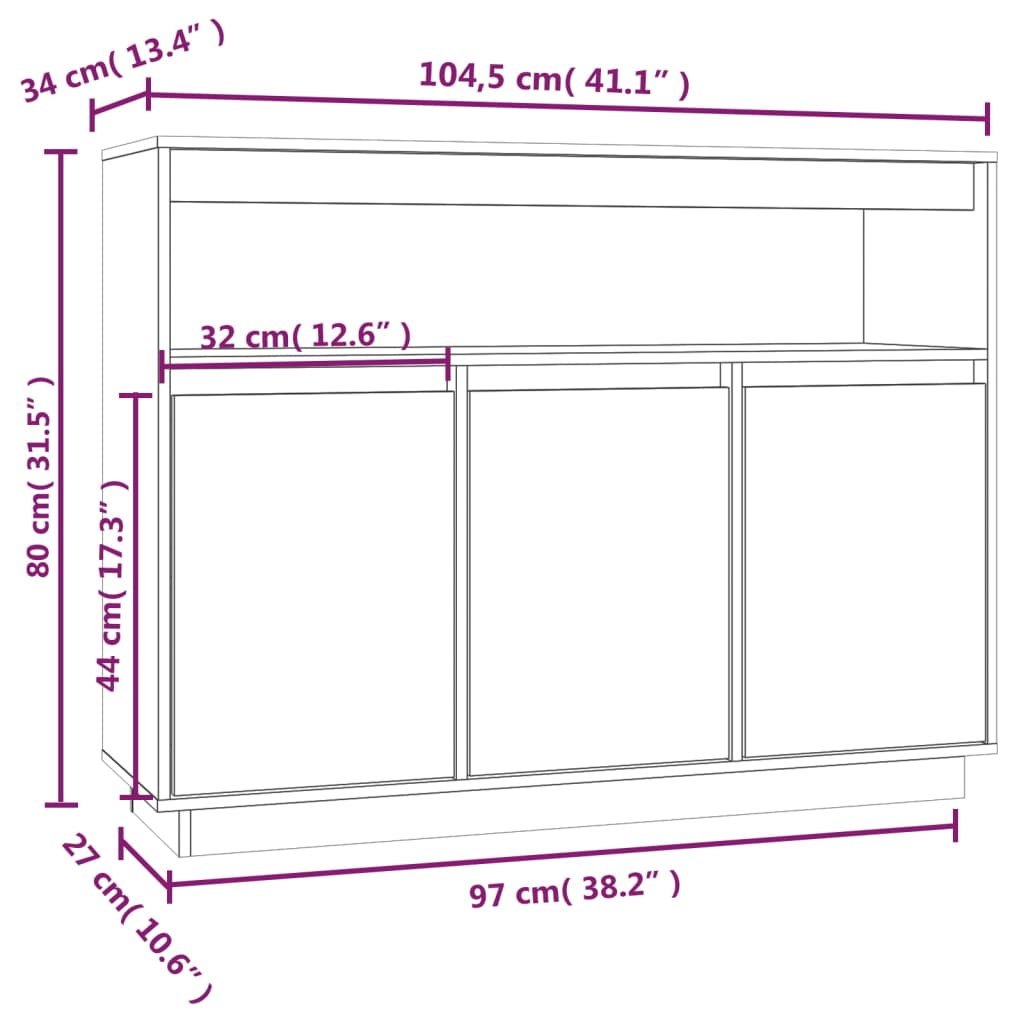 vidaXL puhvetkapp, meepruun, 104,5 x 34 x 80 cm, männipuit