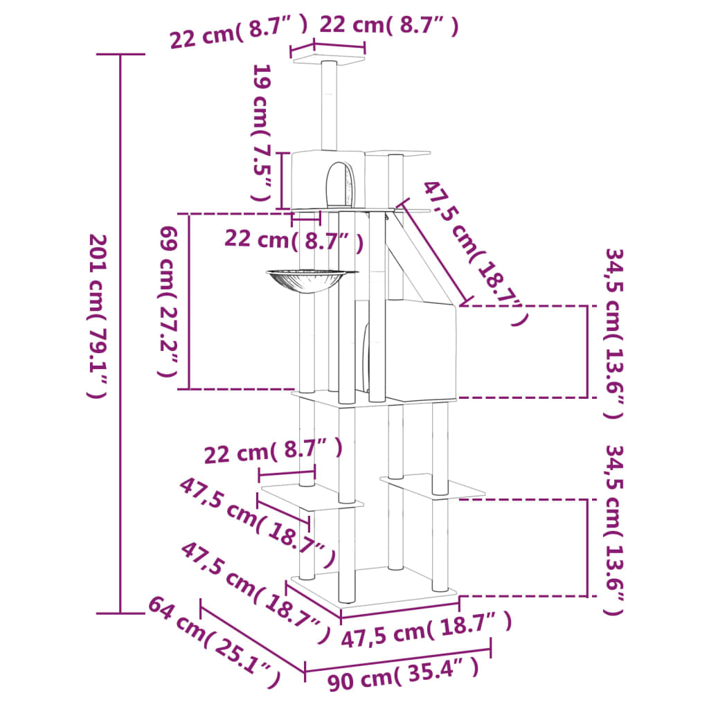 vidaXL kassimaja sisalköitega kraapimispuudega, helehall, 201 cm