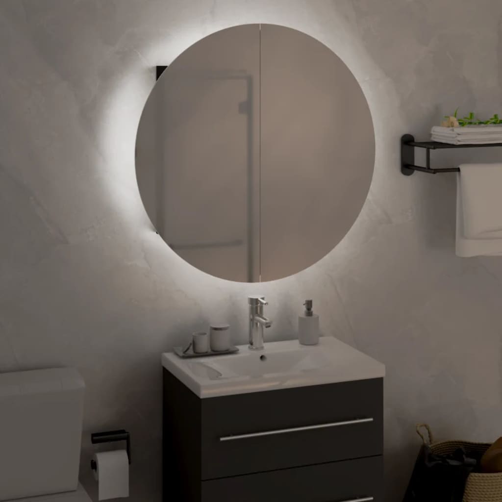vidaXL vannitoakapp ümmarguse peegli ja LED-iga, must, 47x47x17,5 cm