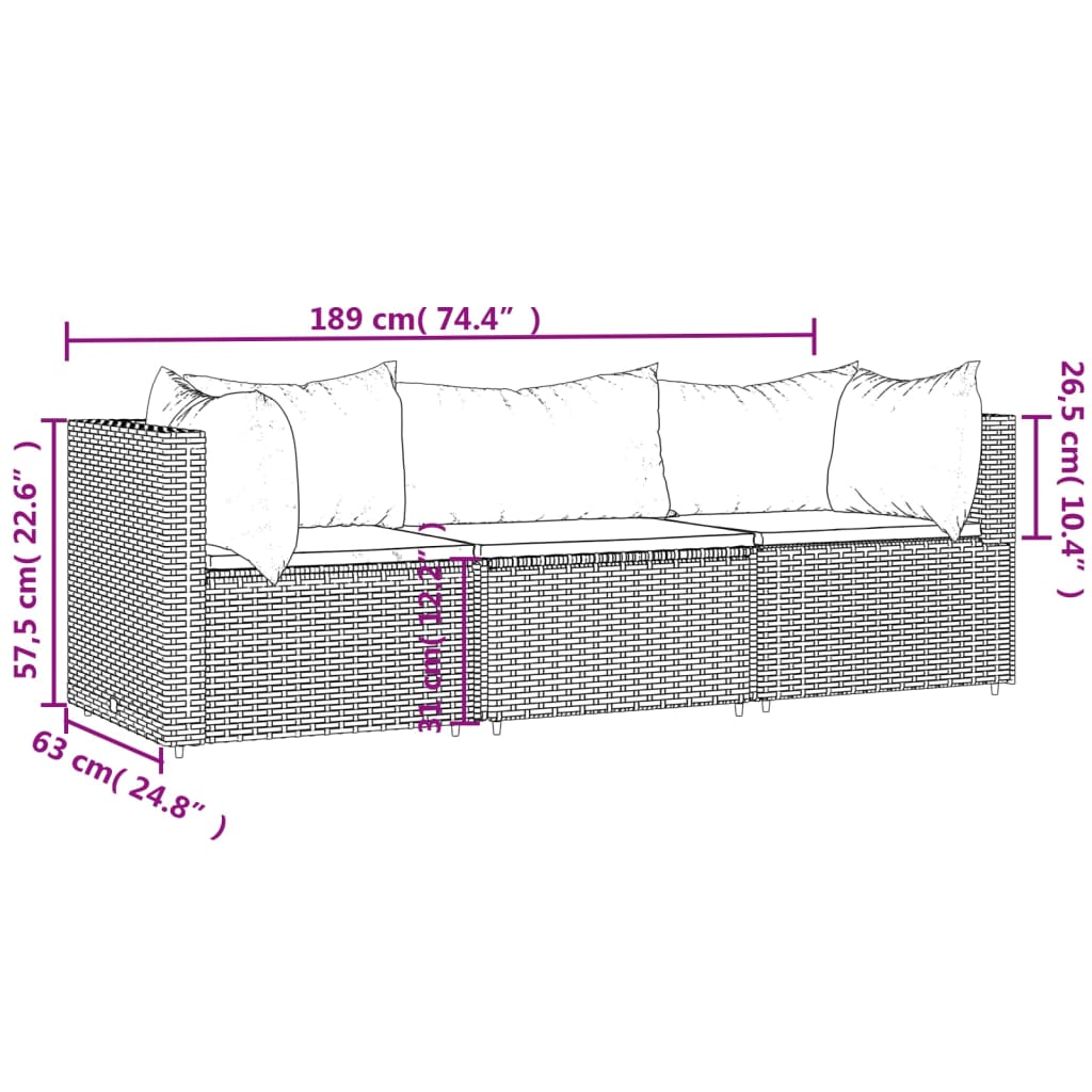 vidaXL 3-osaline aiamööbli komplekt patjadega, hall, polürotang