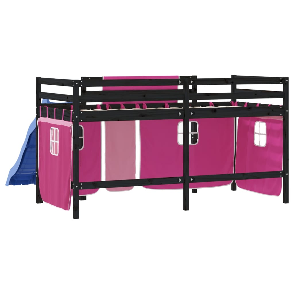 vidaXL laste kõrge voodi kardinatega, roosa, 80x200 cm, männipuit