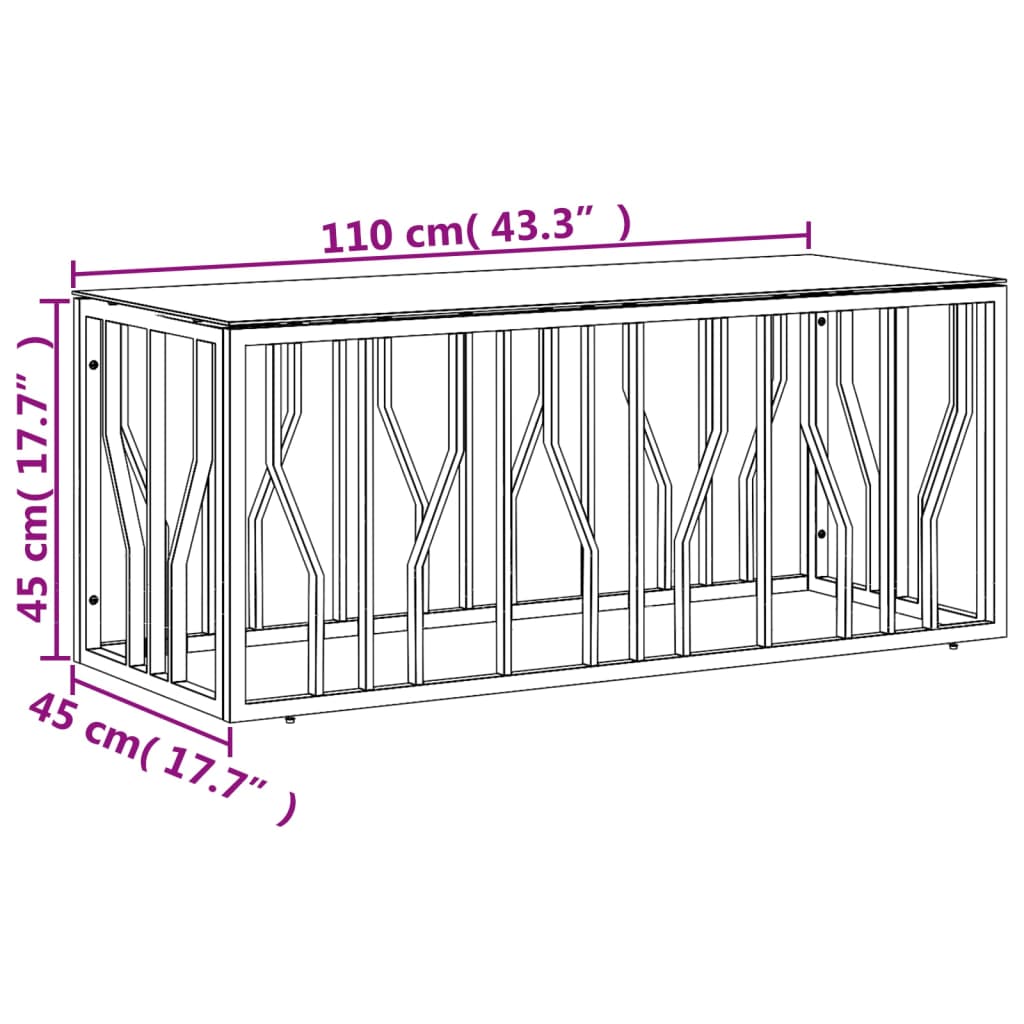 vidaXL kohvilaud, hõbedane, 110x45x45 cm, roostevaba teras ja klaas