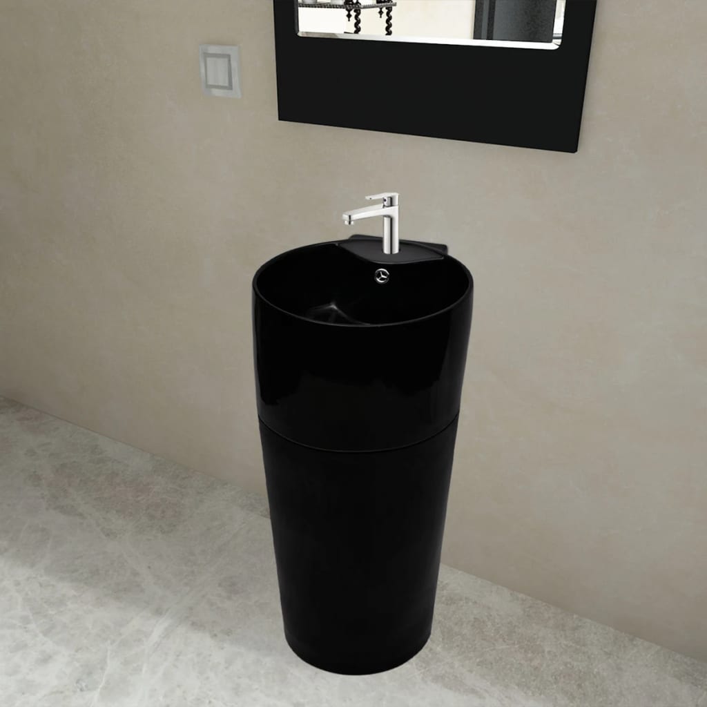 Keraamiline kraani- ja ülevoolu avaga vannitoavalamu, ümmargune, must