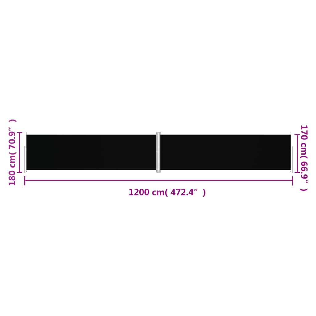 vidaXL lahtitõmmatav külgsein, 180 x 1200 cm, must